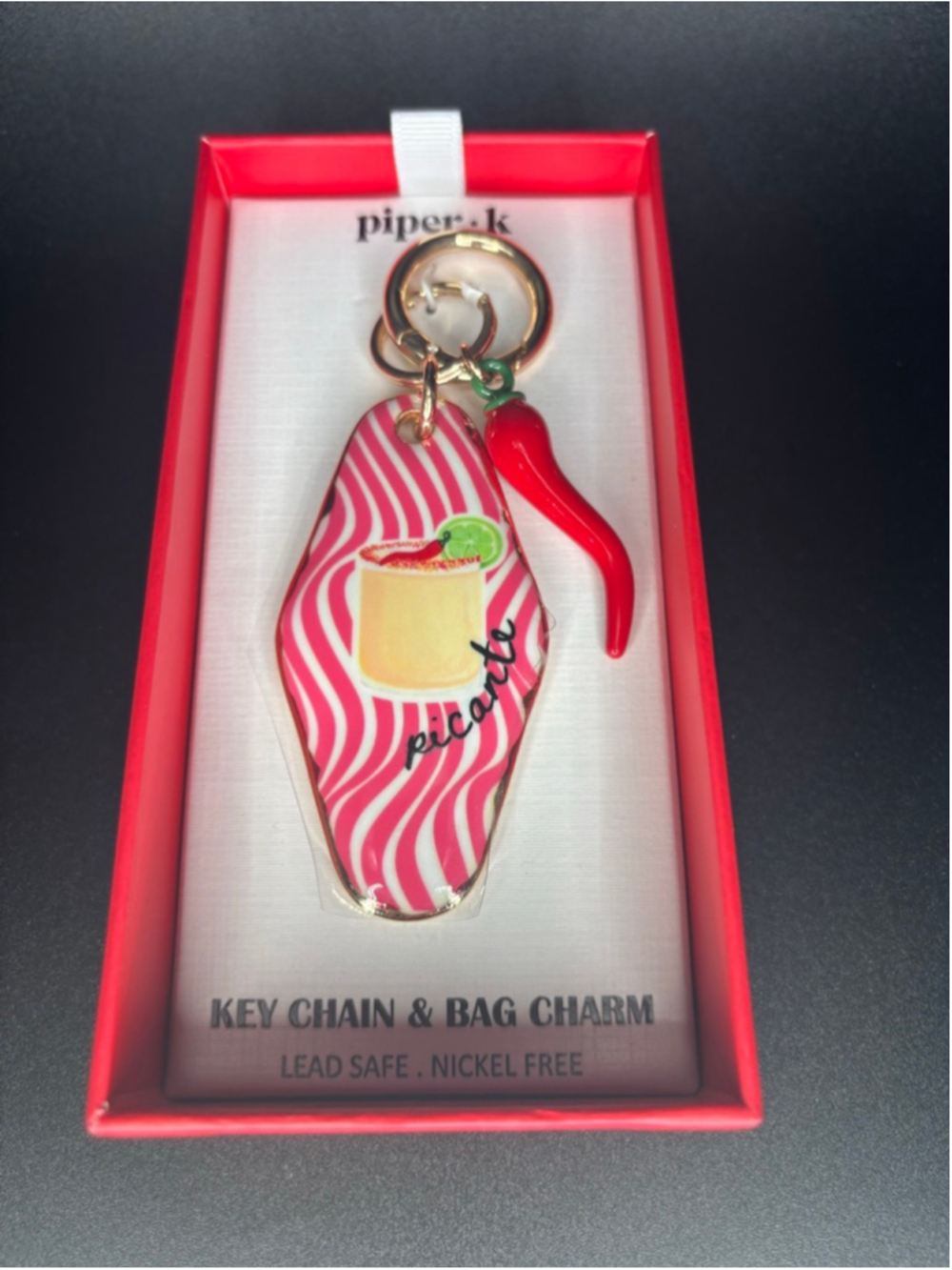 NIB Viral Piper K Gold Tone Chili Pepper Picante Cocktail Bag Charm Key Chain